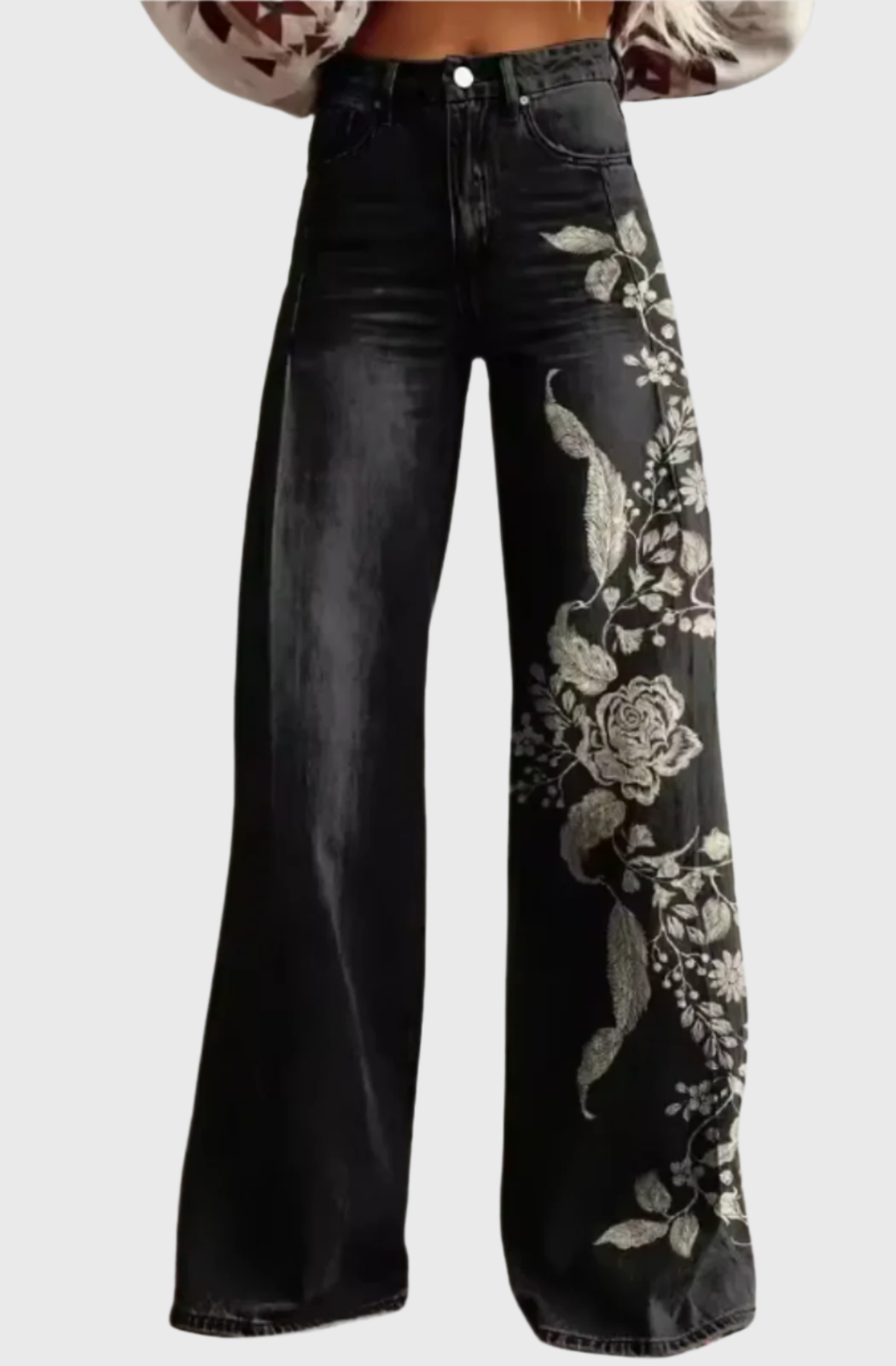 Boho kalhoty se širokými nohavicemi a vysokým pasem v boho stylu