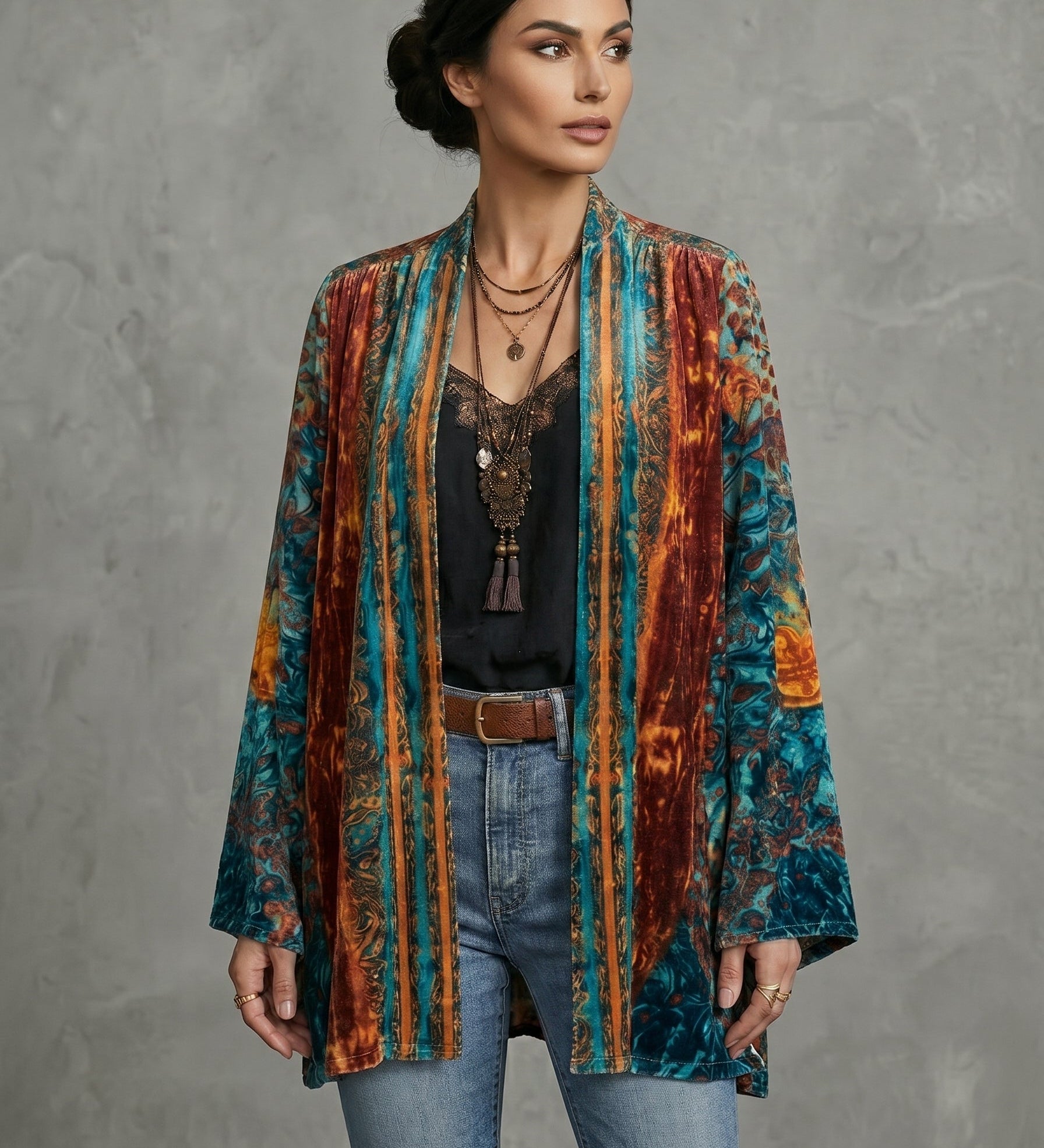 Bunda s uměleckým designem v boho stylu