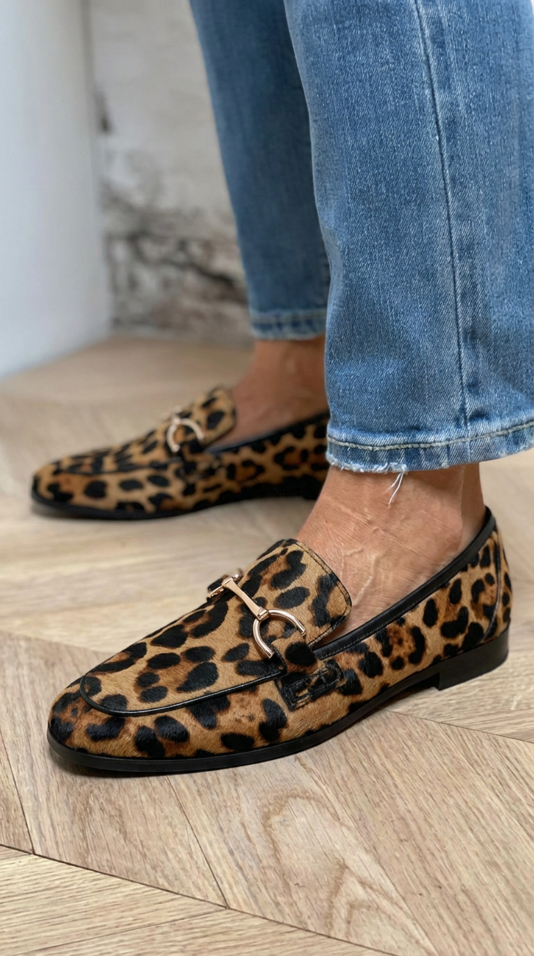 Odvážné mokasíny s leopardím potiskem – detail střihu