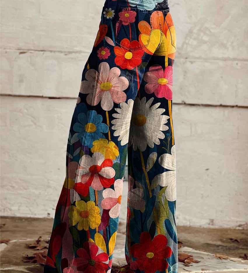 Boho kalhoty se širokými nohavicemi s uměleckým vzorem – detail produktu