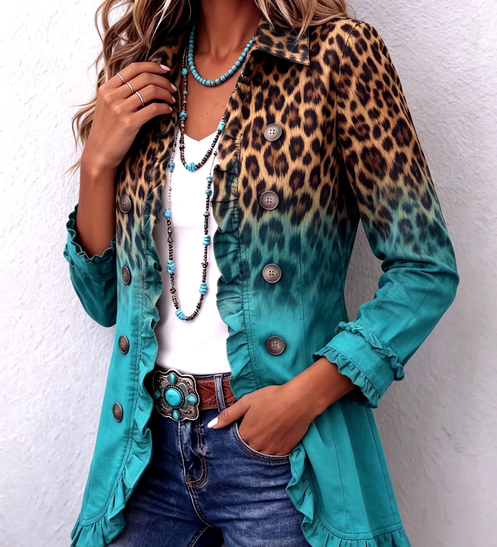 Blazer s volány, s leopardím barevným přechodem s knoflíky – detail produktu