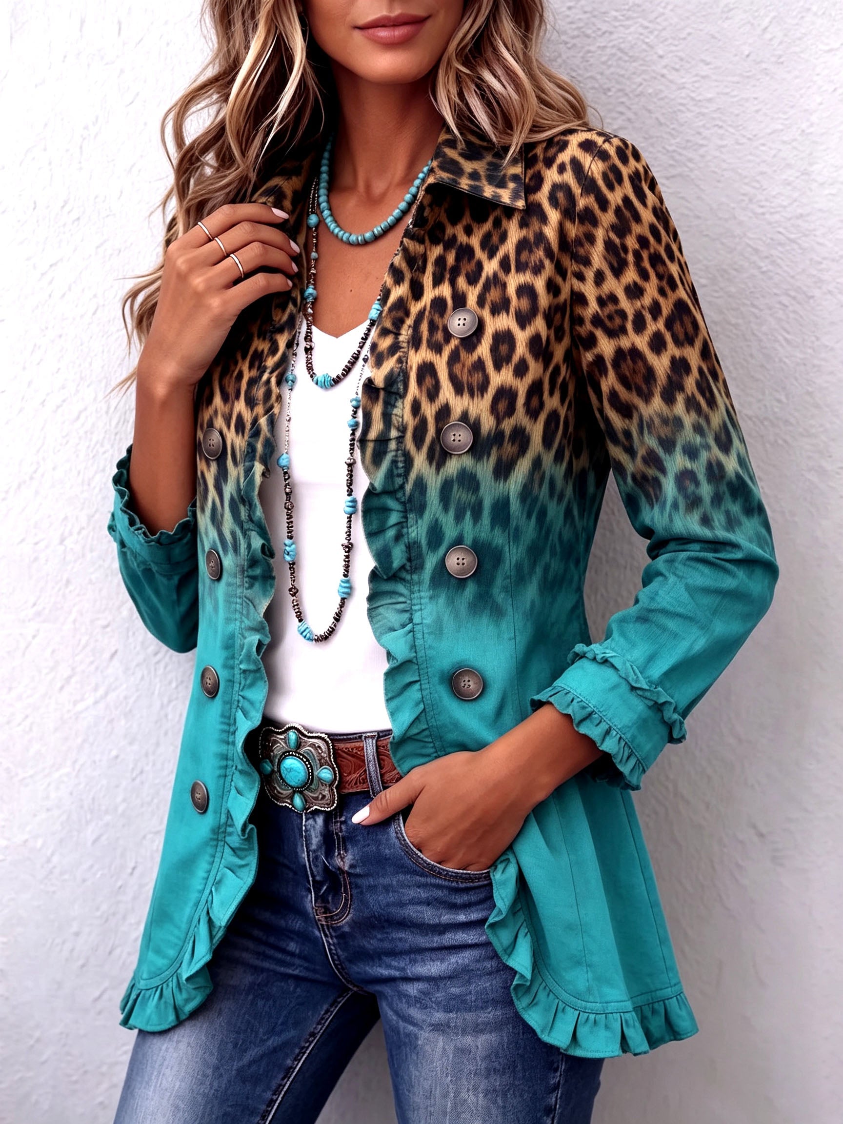 Blazer s volány, s leopardím barevným přechodem s knoflíky – detail produktu