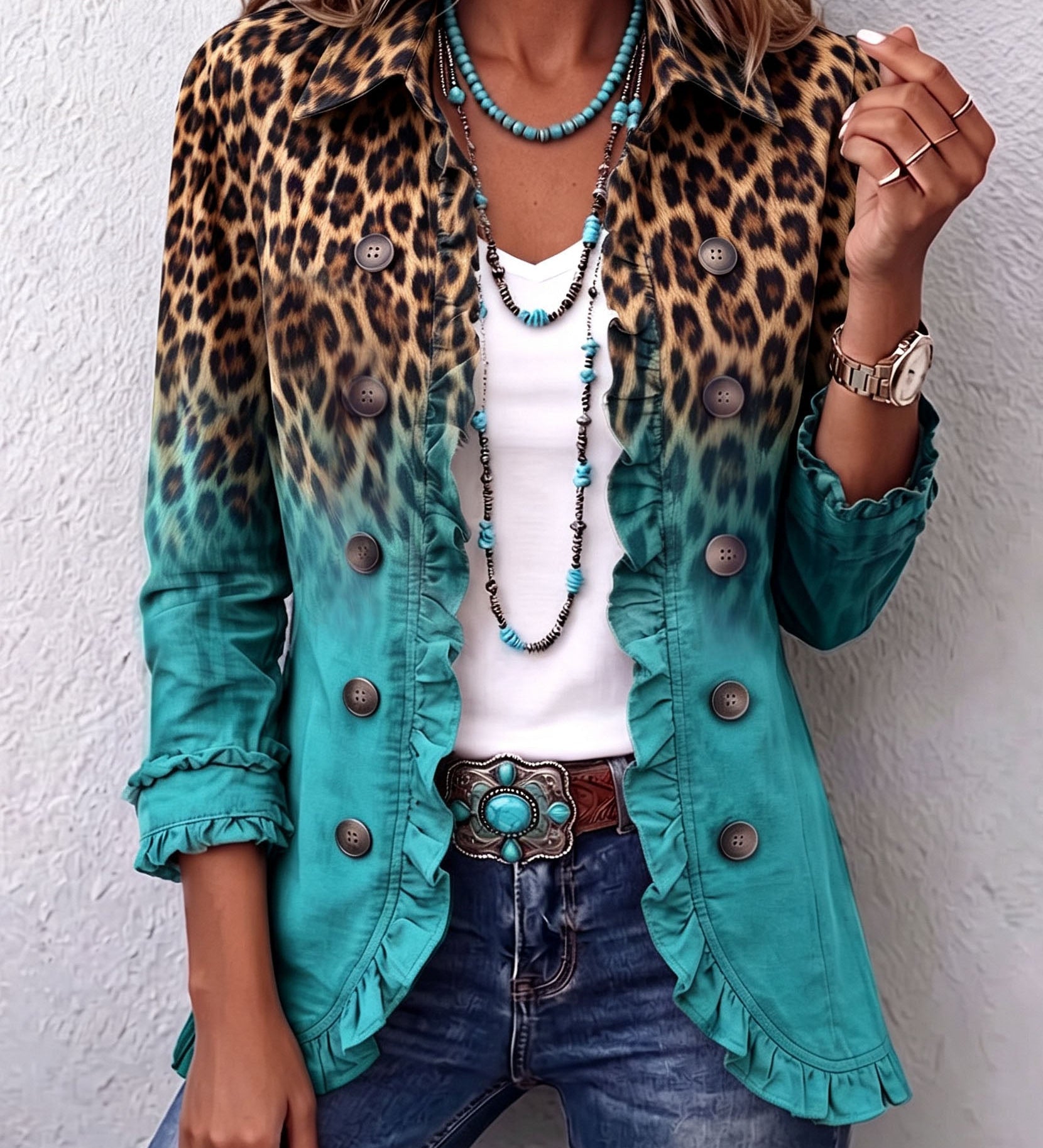 Blazer s volány, s leopardím barevným přechodem s knoflíky