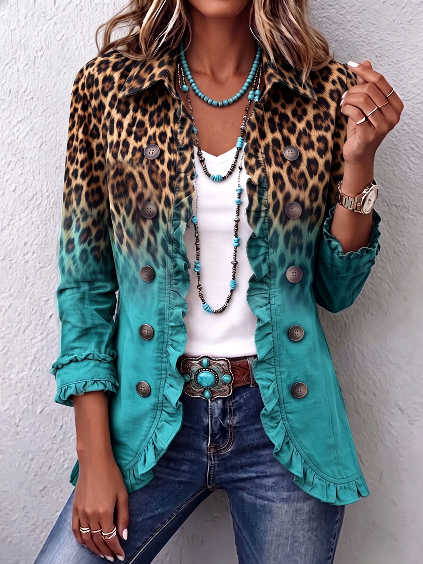Blazer s volány, s leopardím barevným přechodem s knoflíky