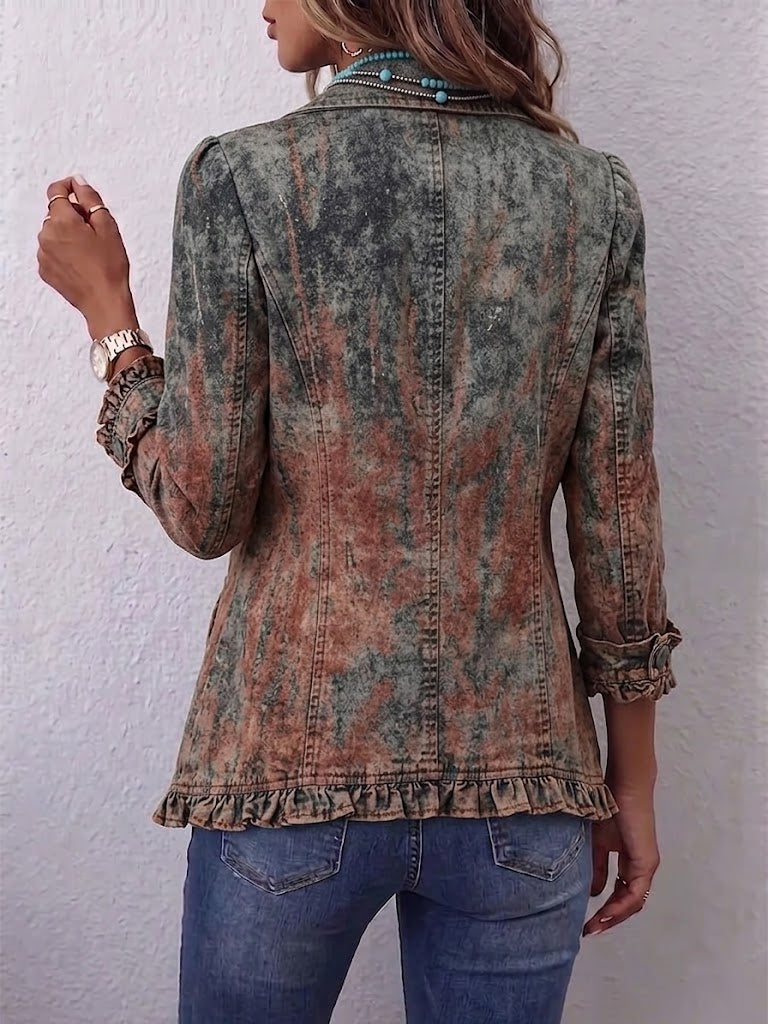 Vintage bunda s volány a texturovaným přechodovým potiskem – detail produktu