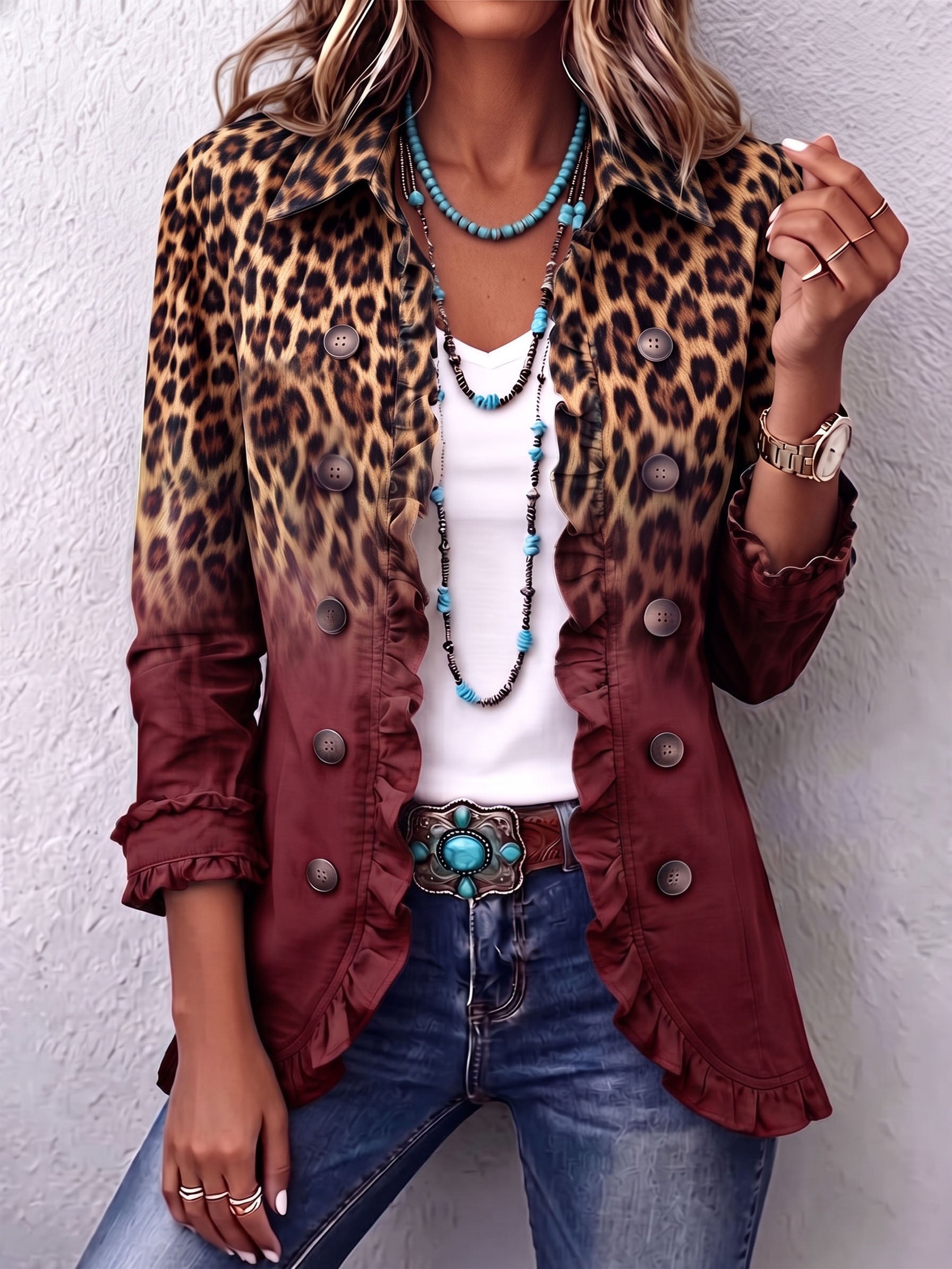 Blazer s volány, s leopardím barevným přechodem s knoflíky – detail provedení