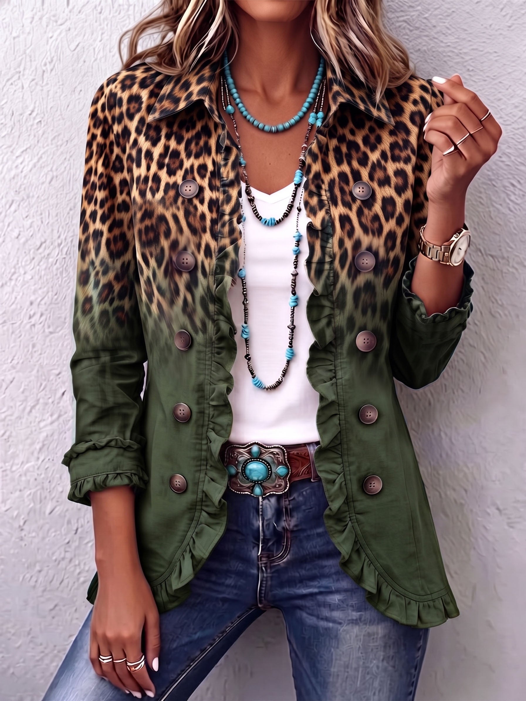 Blazer s volány, s leopardím barevným přechodem s knoflíky – detail produktu